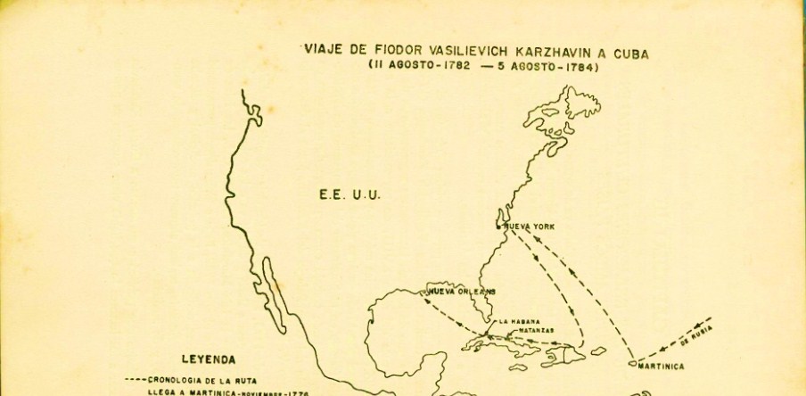 Карта путешествия  Фёдора Васильевича Каржавина на Кубу
